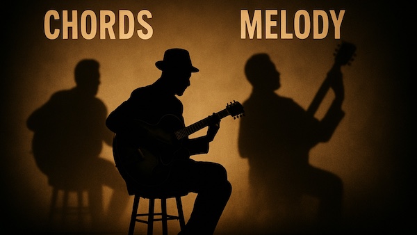 Guitarist's hand forming a chord shape while playing a melody note on the fretboard