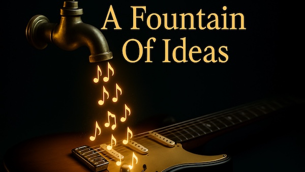 A guitarist mid-improvisation, searching for the next idea in a solo
